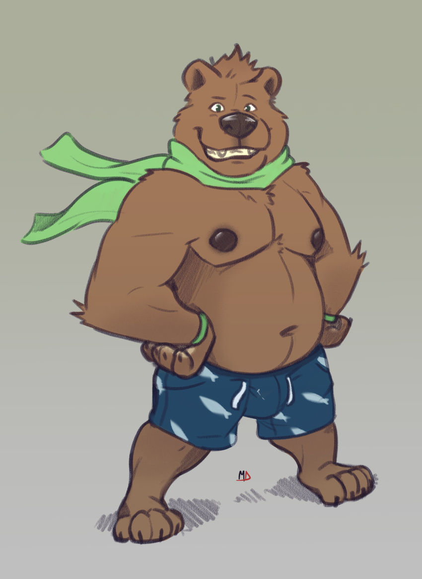 2019 absurd_res anthro belly brown_fur bulge clothing fur hi_res humanoid_hands male mammal minedoo moobs navel nipples overweight overweight_male scarf solo underwear ursid