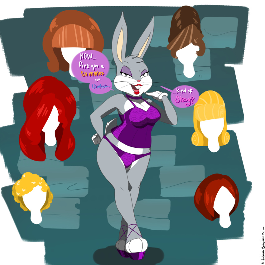 1:1 2019 3_toes badgerkun bodice buckteeth bugs_bunny bulge choker clothed clothing cotton_tail crossdressing dialogue eyeshadow footwear gloves grey_coat handwear hi_res high_heels jewelry lace lagomorph leporid lipstick long_eye_lashes looking_at_viewer looney_tunes makeup male mammal necklace panties rabbit shoes simple_background talking_to_viewer teeth text toes underwear warner_brothers whiskers wigs