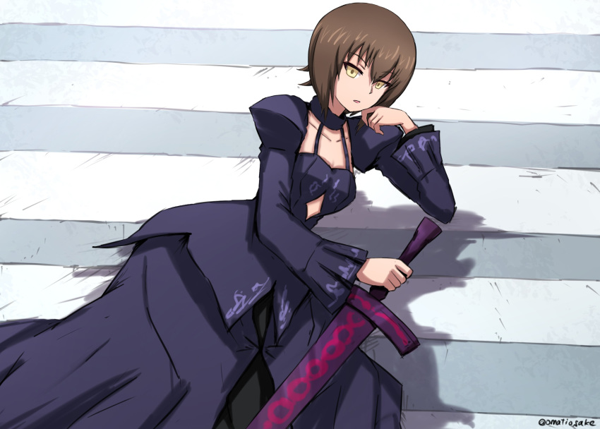 1girl absurdres artoria_pendragon_(all) bangs black_dress brown_hair chin_rest commentary dark_excalibur dress elbow_rest empty_eyes eyebrows_visible_through_hair from_side girls_und_panzer highres holding holding_sword holding_weapon juliet_sleeves long_dress long_sleeves looking_at_viewer omachi_(slabco) parted_lips puffy_sleeves road saber_alter shadow short_hair shrug_(clothing) solo stomach_cutout street sword twitter_username weapon yellow_eyes