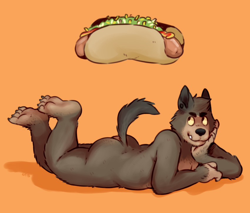 2017 4_toes 5_fingers anthro arm_support black_nose brown_fur butt canid canine ear_piercing feet fingers food fur gauged_ear glitter_trap_boy hairy hi_res hot_dog looking_up lying male mammal on_front orange_background piercing pinup pose simple_background small_tail soles solo sugaryhotdog_(character) suggestive toes were werecanid werecanine werewolf yellow_sclera