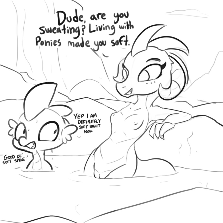 1:1 2019 bodily_fluids breasts dialogue dragon duo english_text female friendship_is_magic male my_little_pony outside princess_ember_(mlp) pussy scalie spike_(mlp) sweat text tjpones