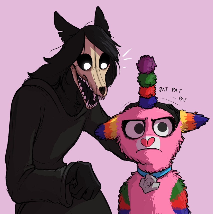 ambiguous_gender animate_inanimate annoyed black_hair canid canine clothing duo equid equine female fur hair hi_res horn keadonger mal0 mammal petting pi&ntilde;ata pink_fur scp-1471 scp-956 scp_foundation skull unicorn