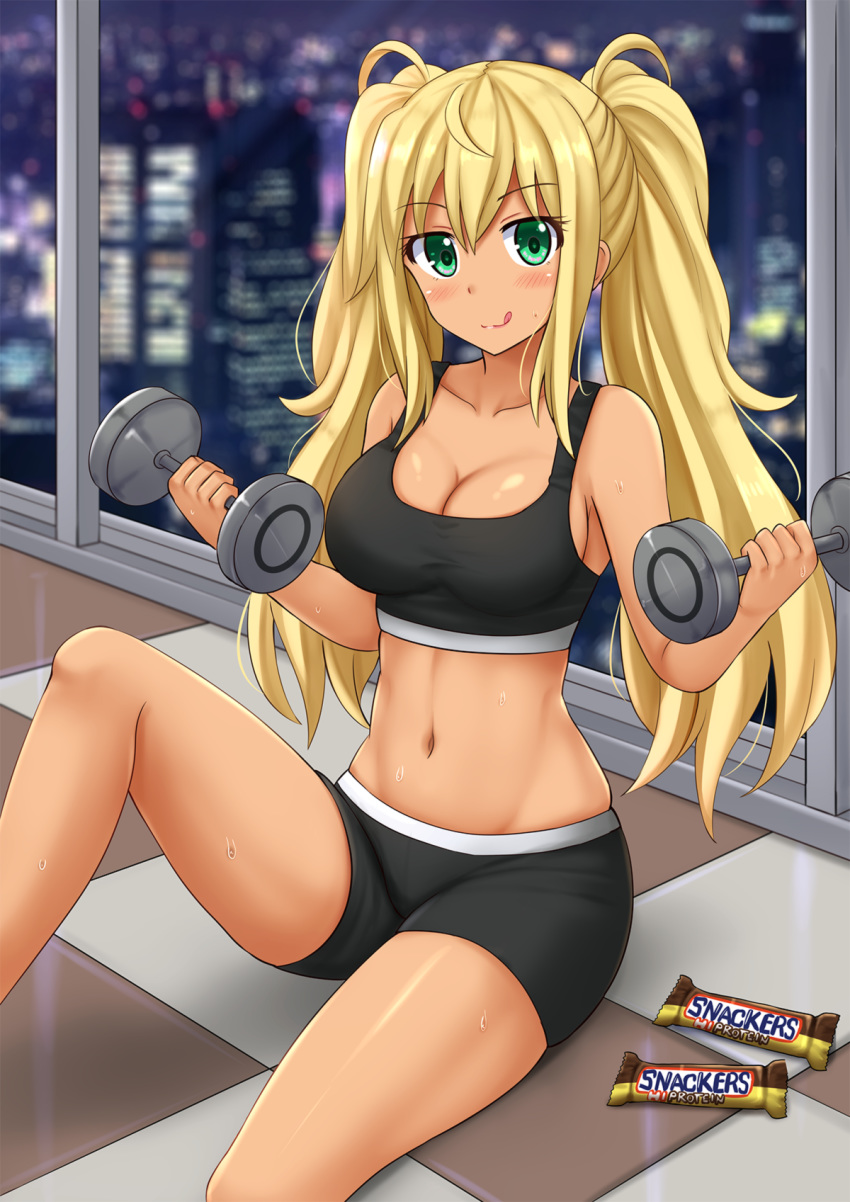 1girl :q bare_arms bare_legs bare_shoulders black_shirt black_shorts blonde_hair blurry blush bokeh breasts city_lights cleavage closed_mouth collarbone crop_top danberu_nan_kiro_moteru? depth_of_field dumbbell green_eyes highres holding indoors kazenokaze knee_up large_breasts long_hair looking_at_viewer midriff navel on_floor sakura_hibiki_(danberu_nan_kiro_moteru?) shirt short_shorts shorts sidelocks sitting sleeveless sleeveless_shirt smile snickers solo sports_bra stomach sweat taut_clothes thighs tile_floor tiles tongue tongue_out twintails window