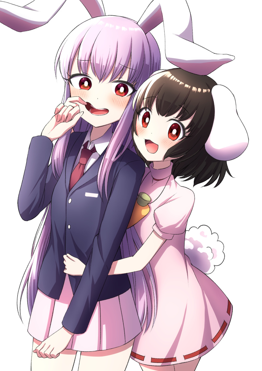 2girls :3 :d animal_ears bangs black_hair blazer blush bright_pupils bunny_ears bunny_tail carrot_necklace commentary_request cowboy_shot dress eyebrows_visible_through_hair finger_in_mouth hand_on_another's_stomach high_collar highres inaba_tewi jacket lavender_hair lavender_skirt long_hair long_sleeves looking_at_viewer miniskirt mouth_pull multiple_girls necktie open_mouth pink_dress puffy_short_sleeves puffy_sleeves red_eyes red_neckwear reisen_udongein_inaba ribbon-trimmed_dress short_hair short_sleeves simple_background skirt smile standing tail touhou tsukimirin very_long_hair white_background white_pupils