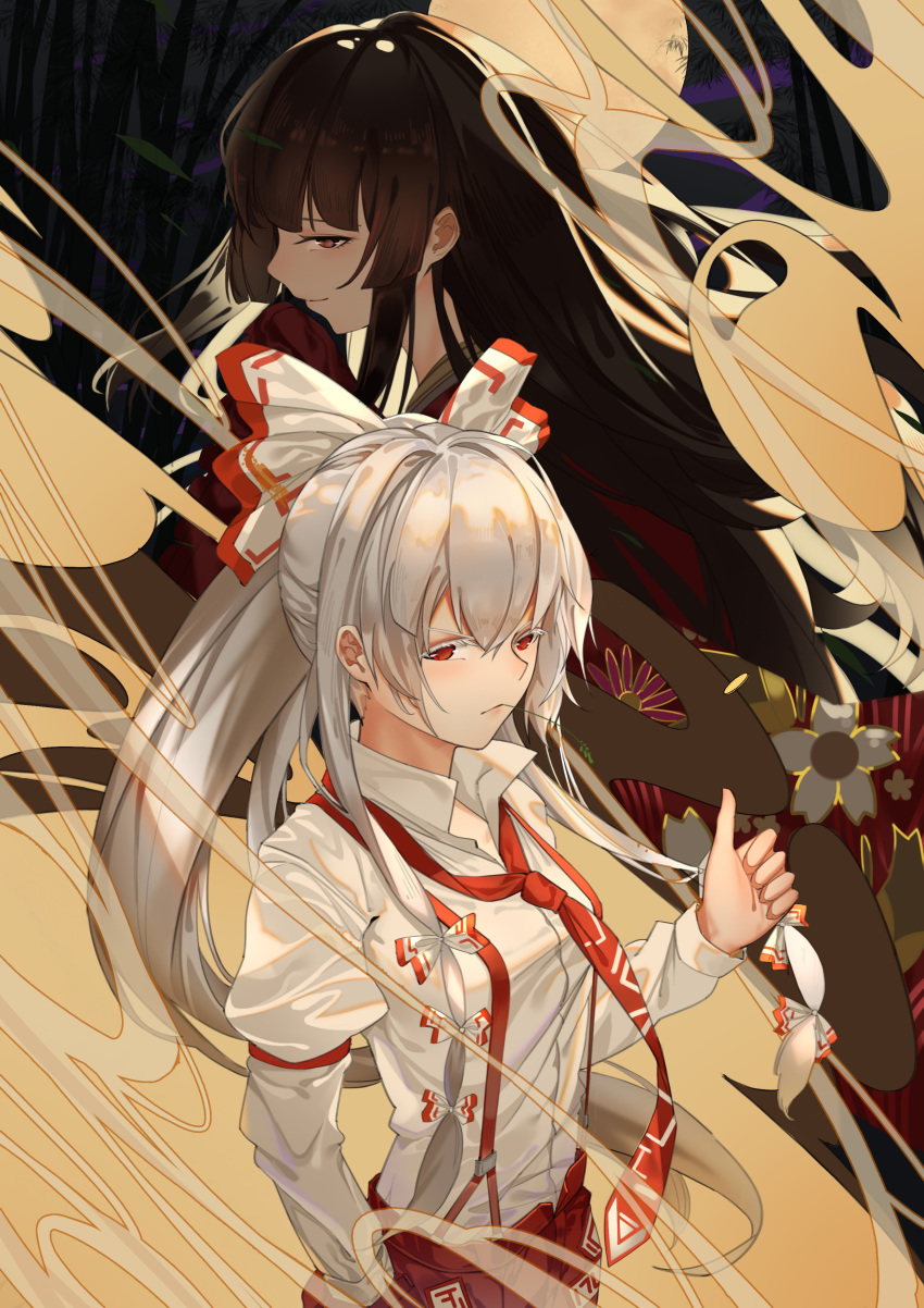 2girls absurdres bangs black_hair bow breasts brown_eyes colored_eyelashes commentary_request cowboy_shot floral_print from_side fujiwara_no_mokou full_moon hair_bow highres houraisan_kaguya japanese_clothes juliet_sleeves kimono kray._(k-ray) long_hair long_sleeves looking_at_viewer moon mouth_hold multiple_girls ofuda pants ponytail profile puffy_sleeves red_eyes red_pants shirt sidelocks silver_hair small_breasts standing suspenders thumbs_up touhou very_long_hair white_bow white_shirt