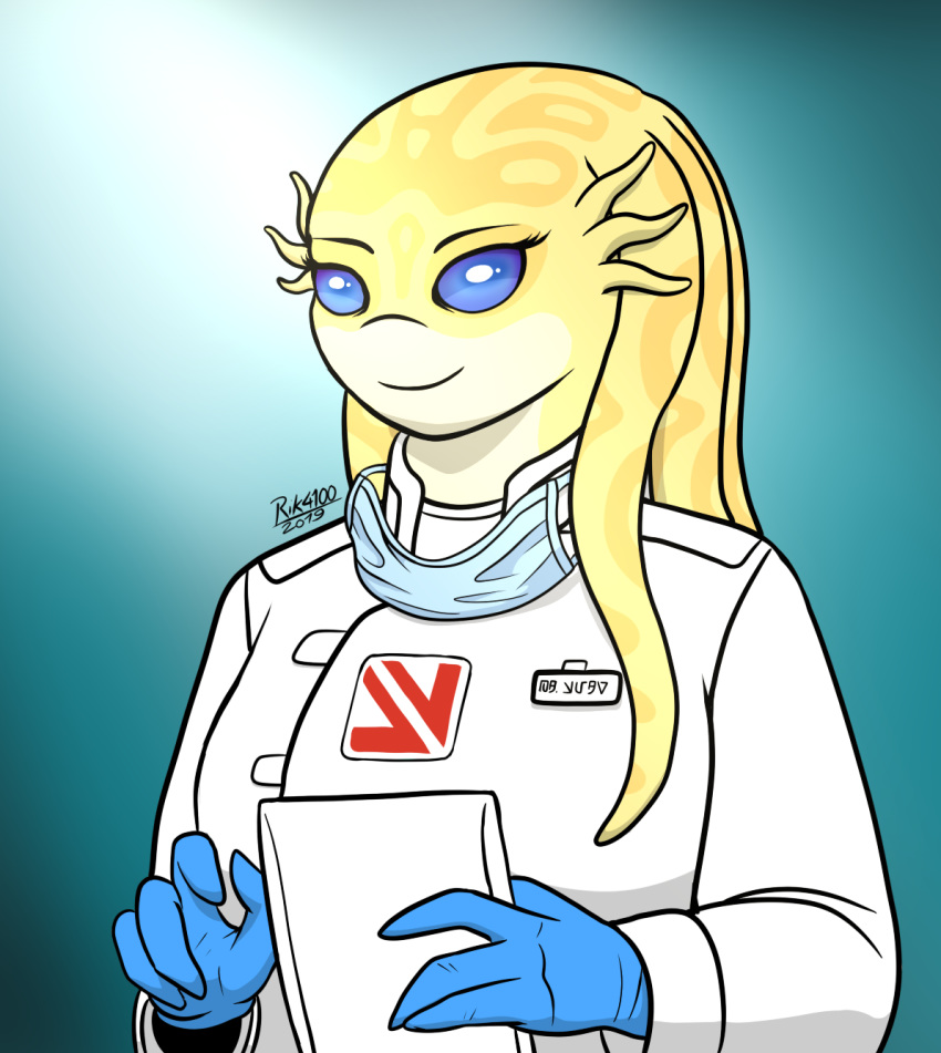 2019 alien blue_eyes clothing doctor doctor_mura face_mask female gloves handwear hi_res hospital humanoid luminid mask medic medical nurse purple_eyes rik4100 simple_background smile solo surgeon uniform