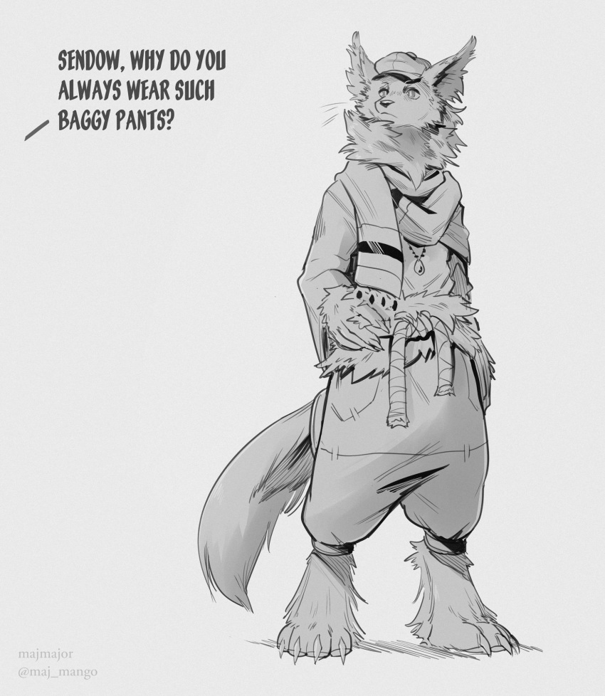 5_fingers anthro baggy_pants biped canid canine claws clothed clothing dialogue digital_media_(artwork) digitigrade english_text fingers fluffy fox fully_clothed fur hi_res majmajor male mammal monochrome offscreen_character simple_background solo standing text toe_claws topwear
