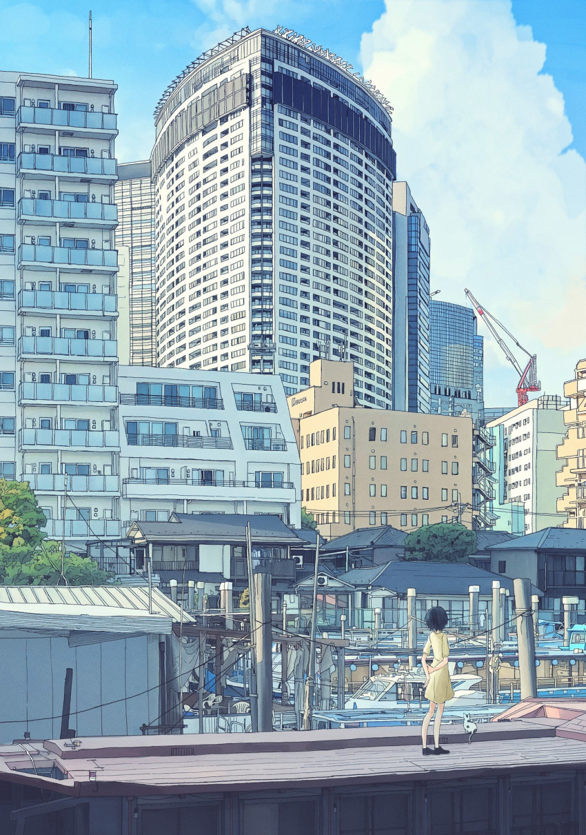 1girl arms_behind_back black_hair boat bob_cut building cat city cityscape cloud commentary crane dock dress from_behind highres house original power_lines real_world_location scenery short_hair sky solo telephone_pole tokyo tokyo_(city) tree unagi189 watercraft