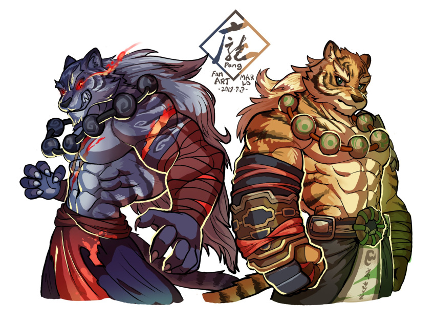 2019 abs anthro arm_wraps back_to_back black_sclera clothing duo felid fur green_eyes grey_fur grin hair hi_res long_hair male mammal muscular muscular_male orange_fur pang pantherine prayer_beads red_eyes sdorica_sunset smile striped_fur stripes tiger wolfmalro wraps