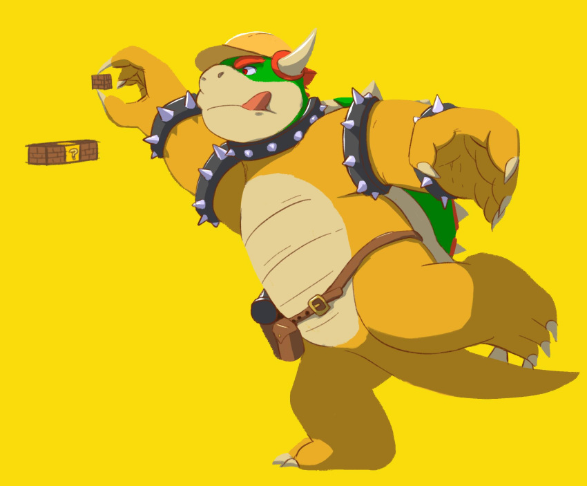2019 anthro bowser clothing hat headgear headwear hi_res jrjresq koopa male mario_bros nintendo scalie simple_background slightly_chubby solo tongue tongue_out video_games yellow_background