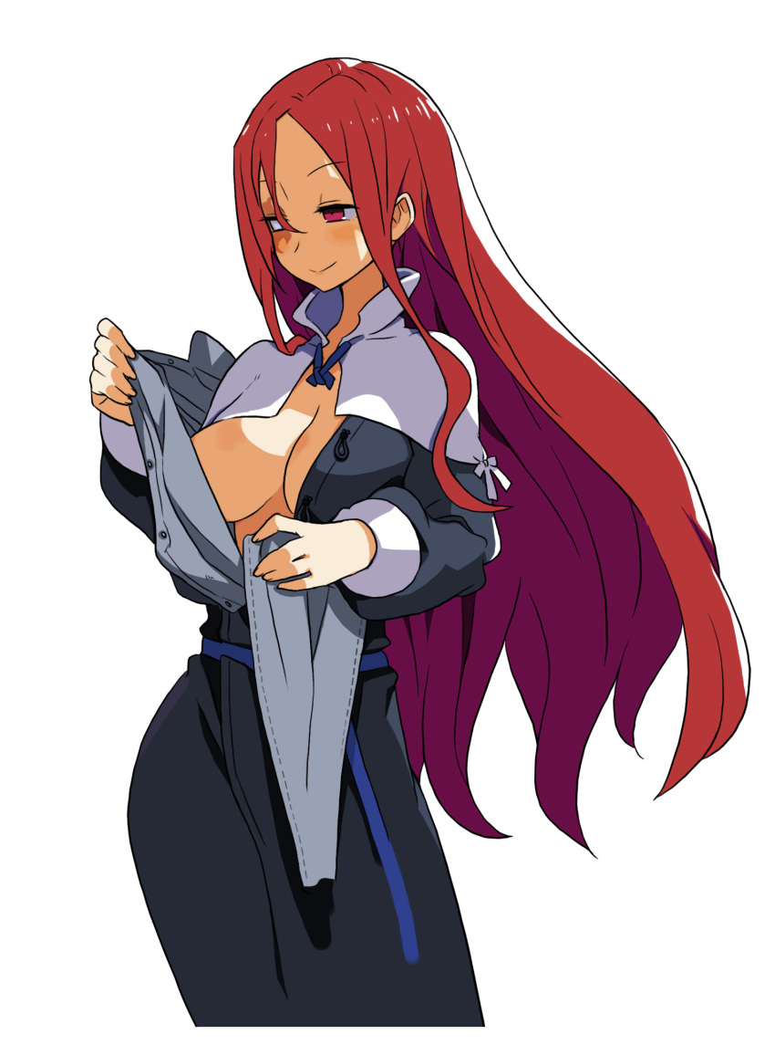 1girl breasts facial_scar harada_takehito highres large_breasts long_hair long_sleeves official_art red_eyes red_hair refrain_no_chika_meikyuu_to_majo_no_ryodan scar smile solo transparent_background undressing