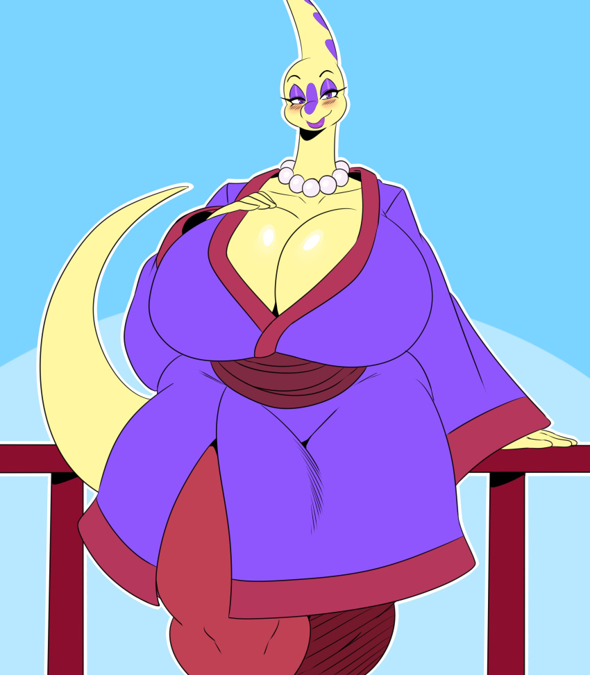 absurd_res bedroom_eyes big_breasts breasts clothing dinosaur female gem half-closed_eyes hi_res huge_breasts hyper invalid_tag japanese_clothing jewelry kimono pearl_(gem) pearls railing reptile scalie scarlet_(pokebii) seductive slightly_chubby sssonic2 thick_thighs