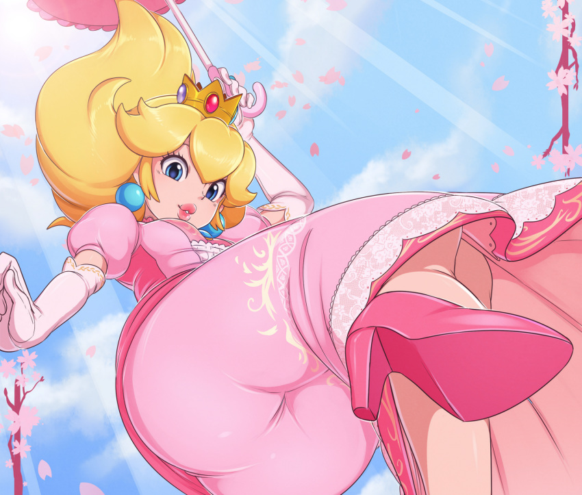 ass blonde_hair blue_eyes cherry_blossoms clouds cropped crown dress elbow_gloves flowers gloves long_hair merunyaa petals princess_peach sky super_mario_bros umbrella