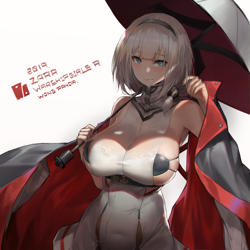 1girl artist_name bare_shoulders black_bra blue_eyes blush bra breasts character_name choker closed_mouth commentary covered_navel dress eyeshadow grey_hair hair_over_shoulder hand_up highres holding holding_umbrella large_breasts makeup medium_hair mole mole_under_eye pandea_work red_nails simple_background skindentation sleeveless sleeveless_dress smile solo strapless strapless_bra tied_hair umbrella underbust underwear warship_girls_r white_background white_dress zara_(warship_girls_r)