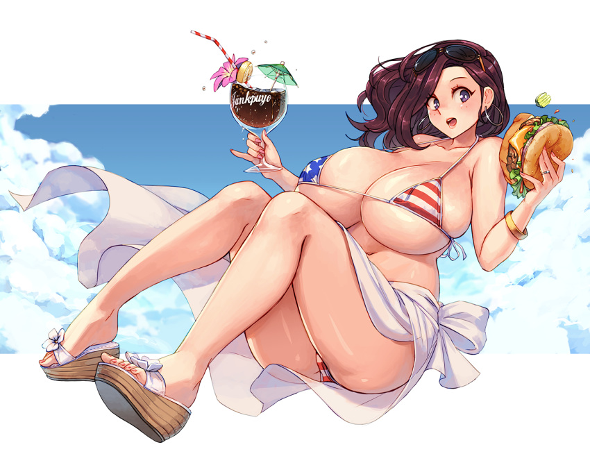 america american_flag_bikini belly beryl_(junkpuyo) bikini bracelet breasts brown_hair cloud cocktail_umbrella cup curvy drinking_straw earrings eyewear_on_head flag_print floating food hamburger holding holding_cup hoop_earrings huge_breasts jewelry junkpuyo looking_to_the_side medium_hair navel open_mouth plump sandals sarong side-tie_bikini soft_drink sunglasses swimsuit thighs