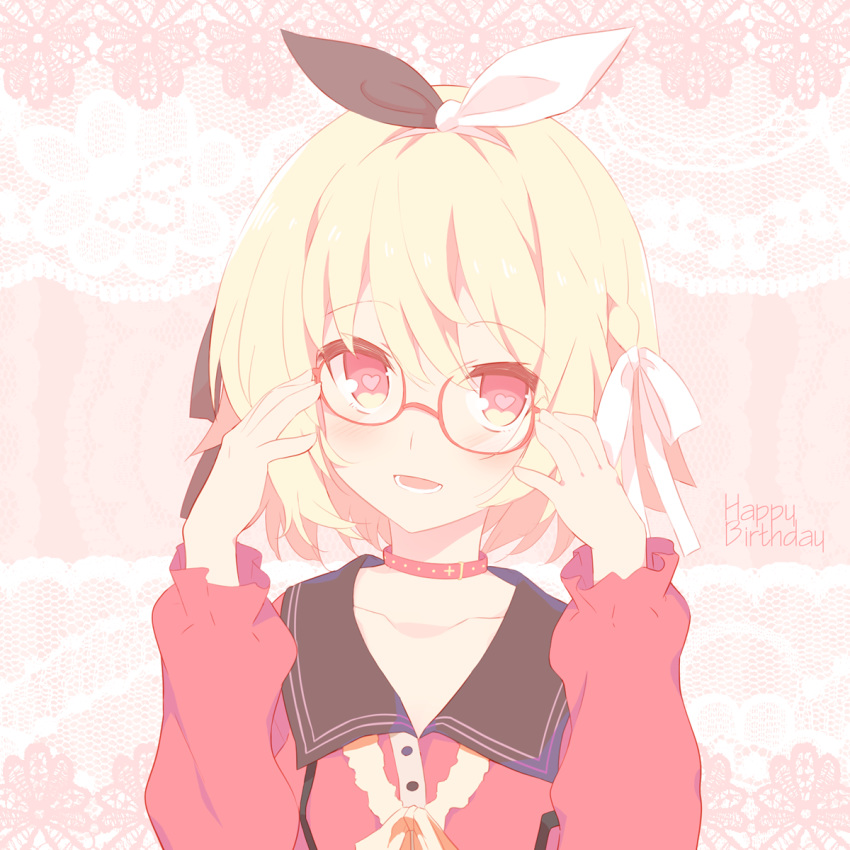 1girl adjusting_eyewear arms_up bangs blonde_hair blush bow collar collarbone copyright_request eyebrows_visible_through_hair glasses hair_between_eyes hair_bow hairband hairband_bow happy_birthday hatsukoi_chiduru heart heart-shaped_pupils highres hoppege lace_background long_sleeves looking_at_viewer multicolored_bow open_mouth red_collar red_eyes sailor_collar school_uniform serafuku short_hair smile solo studded_collar symbol-shaped_pupils upper_body virtual_youtuber