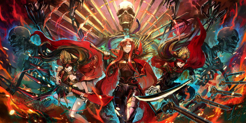 3girls bangs bikini black_bikini black_bodysuit black_hair blush bodysuit boots breasts buster_shirt cape chain cleavage collarbone family_crest fate/grand_order fate_(series) fire floating_weapon gloves glowing grin guitar gun hair_between_eyes hair_over_one_eye hat headphones headphones_around_neck highres holding holding_instrument instrument jacket japanese_clothes kito_(kito2) large_breasts letterman_jacket long_hair looking_at_viewer medium_breasts multiple_girls navel oda_nobunaga_(fate) oda_nobunaga_(maou_avenger)_(fate) oda_nobunaga_(swimsuit_berserker)_(fate) oda_uri open_mouth oversized_object peaked_cap popped_collar red_cape red_eyes red_hair rifle skeleton skirt smile striped striped_skirt swimsuit sword uniform very_long_hair weapon