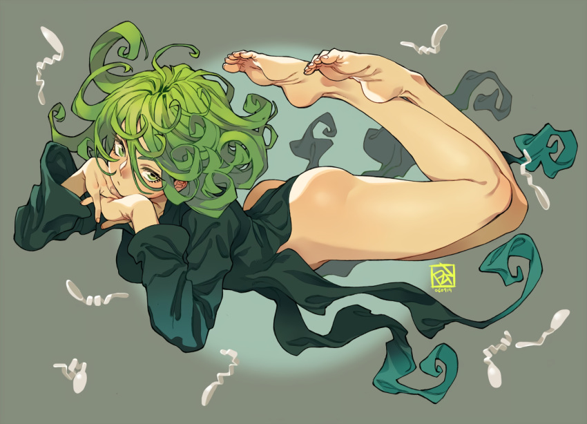 ass barefoot dress gray green_eyes green_hair nopan onepunch_man poch4n short_hair signed tatsumaki_(onepunch_man)