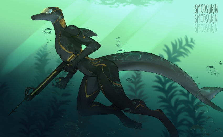 2019 anthro blue_eyes bubble cetacean delphinoid detailed_background digital_media_(artwork) fin holding_object holding_weapon male mammal marine smooshkin solo toothed_whale underwater water weapon