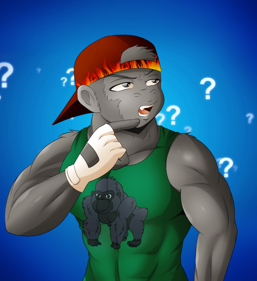 animal_strife ape black_eyes clothing confusion doubt fire_conejo fur gloves gorilla grey_fur handwear hat headgear headwear hi_res humor male mammal muscular primate shirt solo tank_top topwear