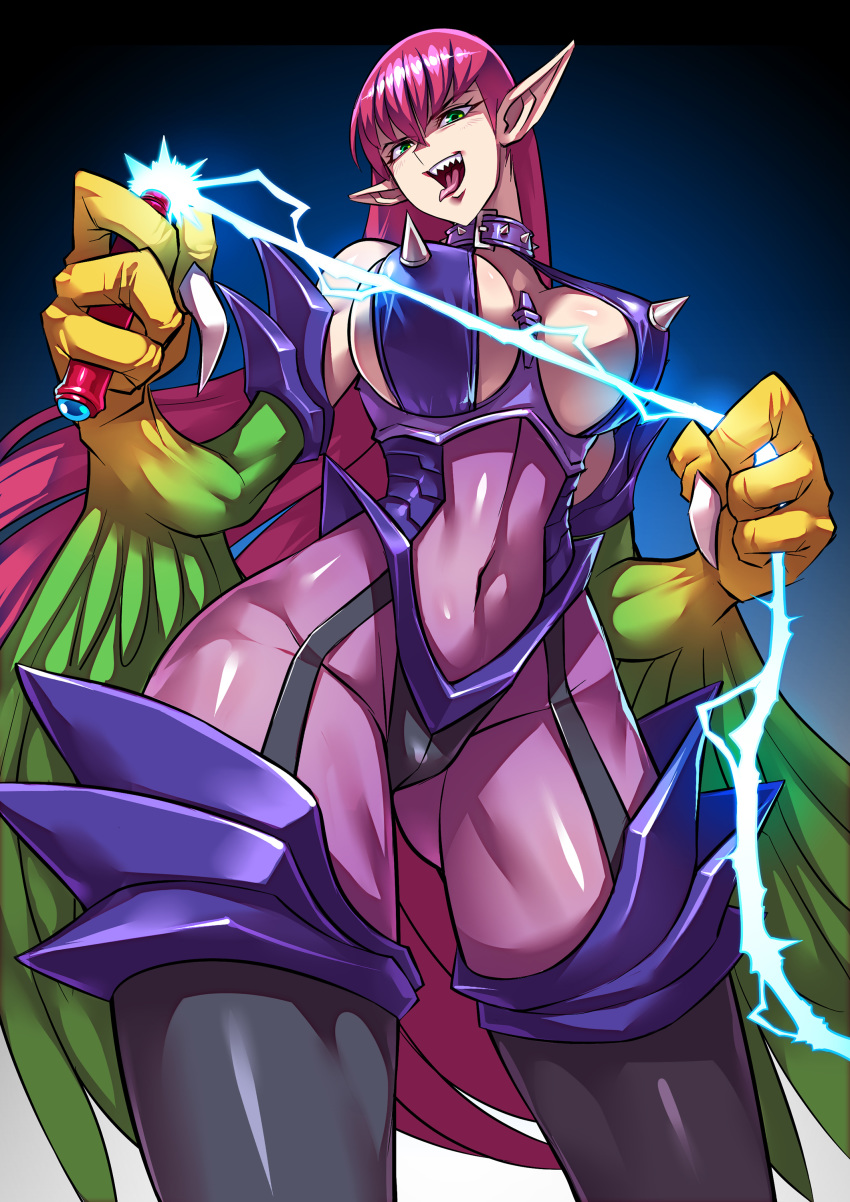 1girl absurdres ass_visible_through_thighs bare_shoulders black_footwear blue_background bodysuit boots breastless_clothes breasts claws collar contrapposto covered_navel dominatrix duel_monster electric_whip electricity feathered_wings fewer_digits from_below green_eyes hair_between_eyes harpie_lady harpy highres holding_whip large_breasts long_hair looking_at_viewer monster_girl pink_hair ryuusei_(mark_ii) sharp_claws short_hair solo spiked_collar spikes standing straight_hair strap_gap talons thick_thighs thigh_boots thighhighs thighs tongue tongue_out very_long_hair whip wings yuu-gi-ou yuu-gi-ou_duel_monsters