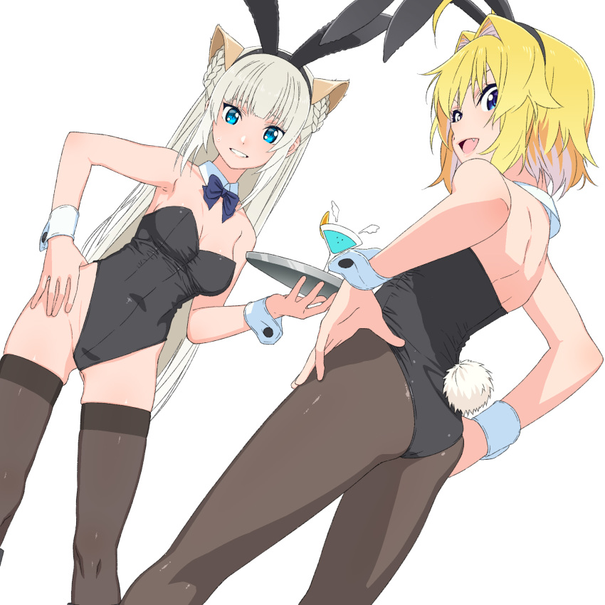 2girls ahoge animal_ears ass atelier_fraulein back bangs bare_shoulders black_leotard blonde_hair blue_eyes blue_neckwear boko_(maniacpurple) bow bowtie braid breasts bunny_ears bunny_girl bunny_tail bunnysuit cat_ears cleavage cocktail cocktail_glass cup detached_collar detached_wings drinking_glass fake_animal_ears fang from_behind hair_intakes hairband hand_on_hip hands_on_hips highres holding holding_tray leotard long_hair looking_at_viewer looking_back medium_breasts multiple_girls open_mouth pantyhose shidou_lio short_hair simple_background skindentation smile standing strapless strapless_leotard sweatdrop tail tetra_(vtuber) thighhighs tray twin_braids virtual_youtuber white_background wings wrist_cuffs