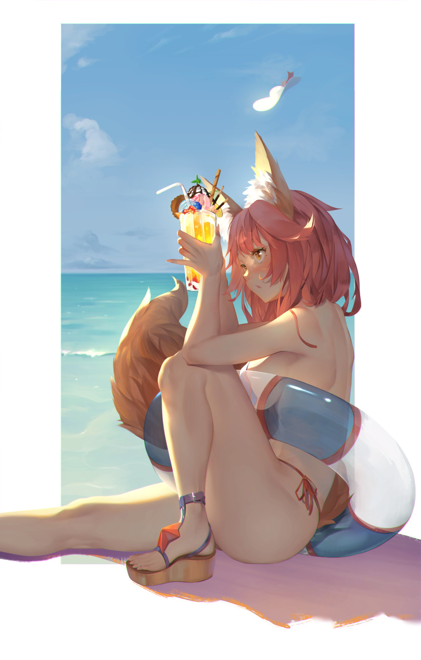 animal_ears bikini fate/grand_order kitsune swimsuits tail tamamo_no_mae toriumi_harumi wardrobe_malfunction