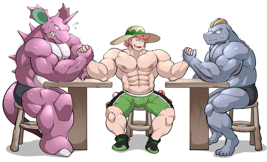 abs arm_wrestling bottomwear briefs bulge clothed clothing cross-popping_vein group gym_leader hi_res human humor machoke maldu male mammal milo_(pok&eacute;mon) muscular muscular_male navel nidoking nintendo nipples pecs pok&eacute;mon pok&eacute;mon_(species) shorts simple_background topless underwear vein video_games white_background