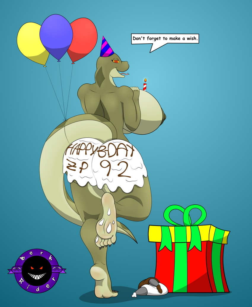 2019 5_fingers 5_toes absurd_res anthro areola barefoot berk_rider big_breasts big_butt birthday breasts butt cake claws dialogue english_text feet female fingers food foot_focus gift hi_res huge_breasts humanoid_feet looking_at_viewer margret_stalizburg mature_female nipples nude open_mouth python reptile scalie simple_background snake solo text toe_claws toes wide_hips zp92