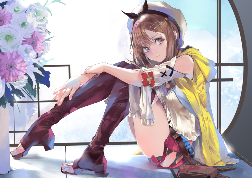 1girl atelier_(series) atelier_ryza blouse boots brown_hair detached_sleeves hair_ornament hairpin hat highres kiriyama open_toe_shoes reisalin_stout sitting thigh_boots thighhighs thighs