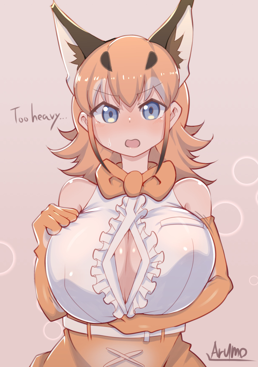 2019 animal_humanoid armwear big_breasts blue_eyes blush bodily_fluids bow_tie breasts brown_fur caracal_(kemono_friends) caracal_humanoid clothed clothing elbow_gloves english_text felid felid_humanoid feline feline_humanoid female fur gloves hair half-length_portrait hand_on_breast handwear hi_res humanoid kemono_friends looking_at_viewer mammal mammal_humanoid mofumofumachine open_mouth orange_hair portrait simple_background solo sweat text