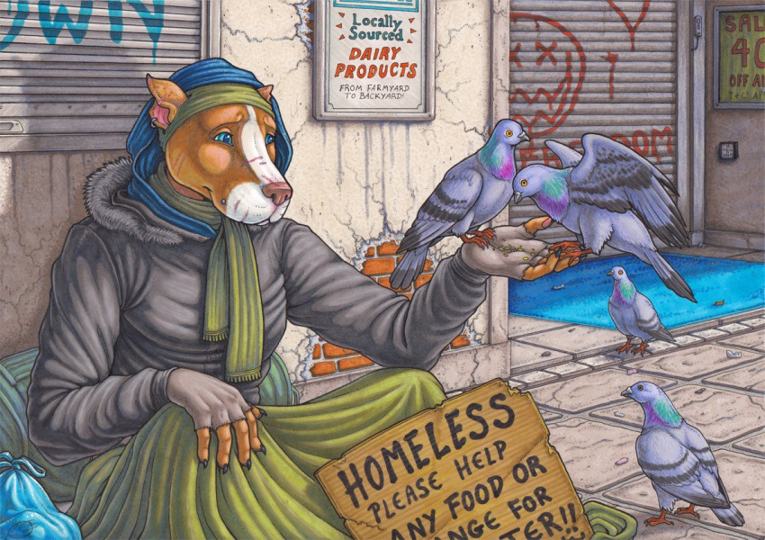 ambiguous_gender anthro avian bird canid columbid detailed_background english_text feral homeless mammal pigeon text ultraviolet