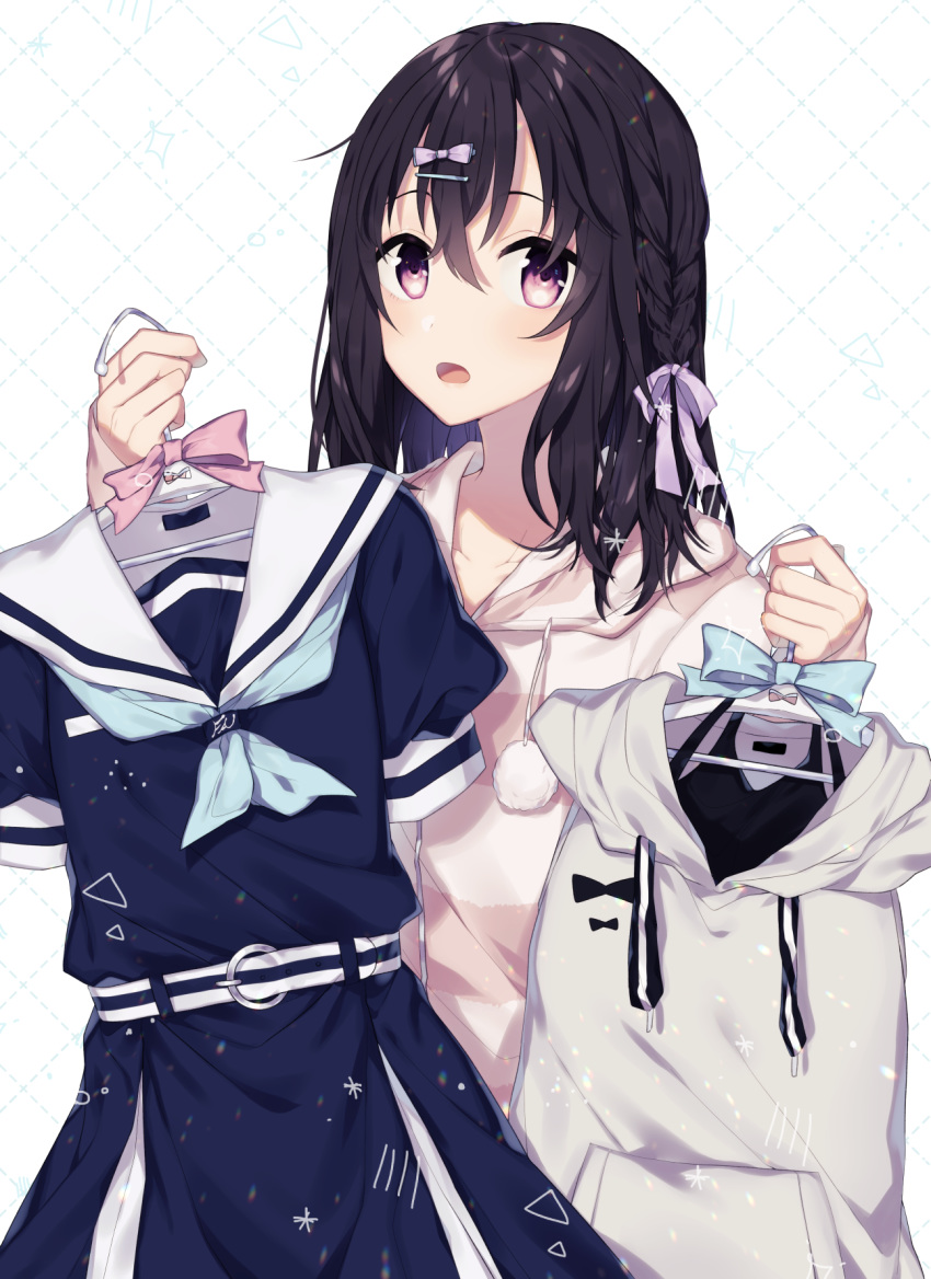 1girl bangs black_hair blue_dress blush bow braid collarbone commentary_request drawstring dress eyebrows_visible_through_hair fujiwara_hajime grey_hoodie hair_between_eyes hair_bow hair_ornament hairclip hands_up highres holding hood hood_down hooded_jacket hoodie idolmaster idolmaster_cinderella_girls jacket long_hair looking_at_viewer minamiya_mia open_mouth purple_bow red_eyes sailor_collar sailor_dress sleeveless sleeveless_hoodie solo striped_jacket white_background white_sailor_collar