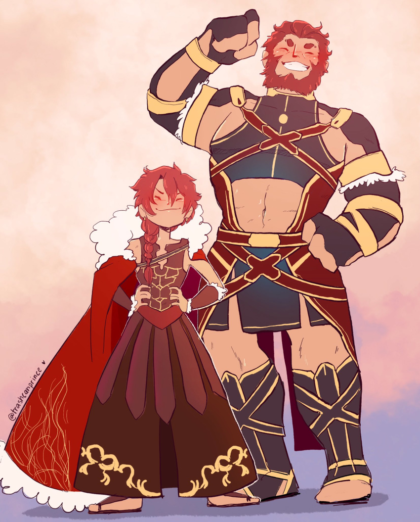 2boys alexander_(fate/grand_order) armor beard blush braid breastplate cape facial_hair fate/grand_order fate_(series) highres long_hair male_focus multiple_boys muscle navel red_hair rider_(fate/zero) sandals single_braid smile thighs trashcanprince