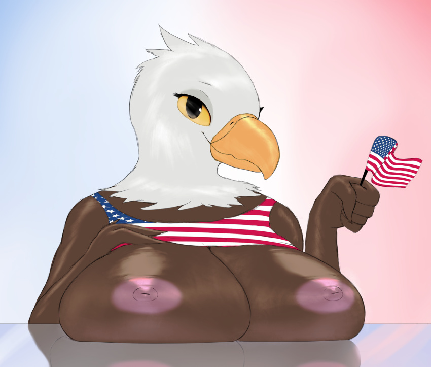 2019 4th_of_july accipitrid accipitriform avian bald_eagle beak big_breasts bird breasts eagle feathers female flag glistening hand_on_breast hi_res looking_at_viewer multicolored_feathers nipples presenting sea_eagle smile solo squish thousandfoldfeathers white_feathers