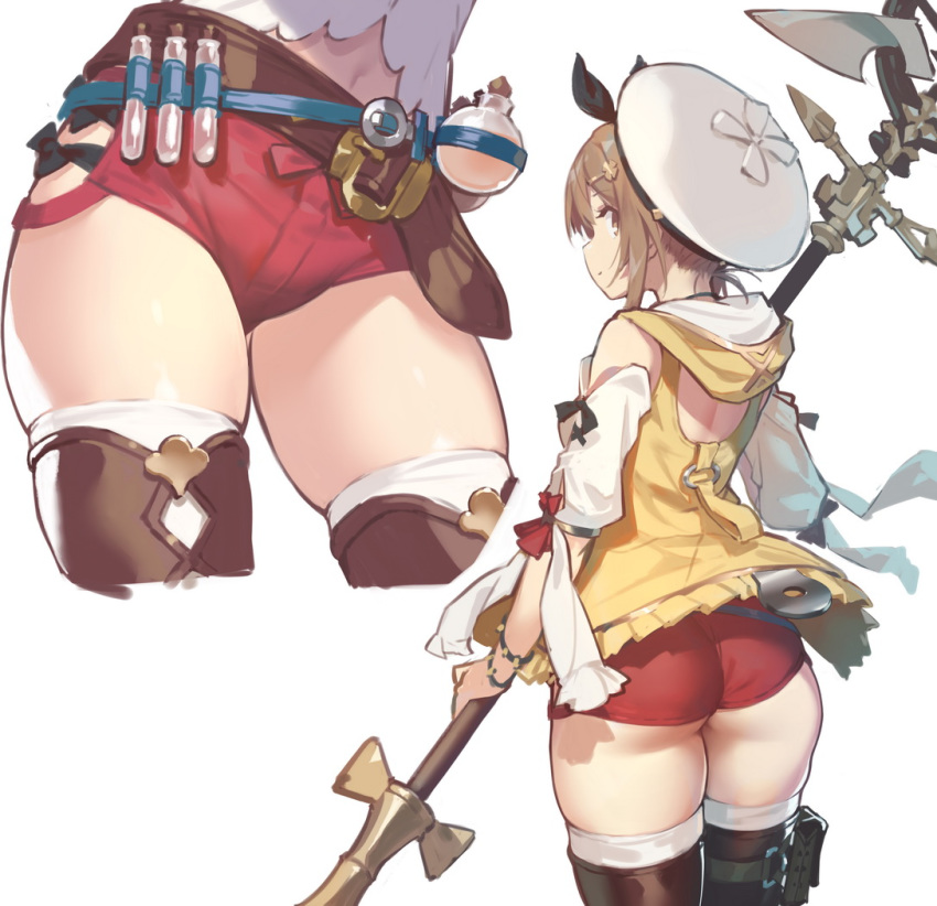 1girl ass atelier_(series) atelier_ryza back belt beret brown_hair commentary_request fangdan_runiu flask from_behind hat holding holding_staff hood hood_down looking_at_viewer looking_back multiple_views navel red_shorts reisalin_stout shirt short_hair short_shorts shorts staff test_tube thighhighs thighs white_background white_headwear