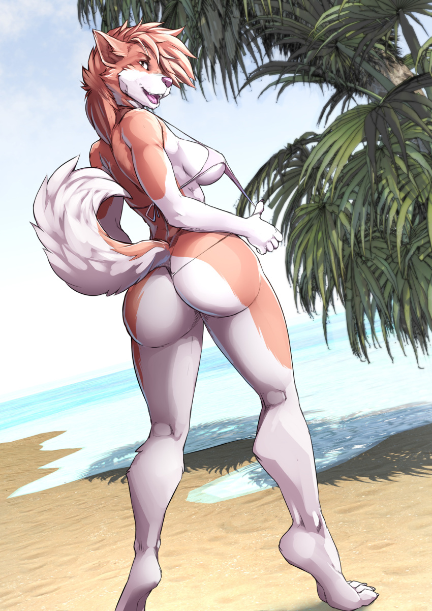 2019 5_fingers anthro beach breasts canid canine canis day detailed_background digital_media_(artwork) domestic_dog female fingers hi_res mammal open_mouth outside seaside smile solo standing teeth tongue twinkle-sez