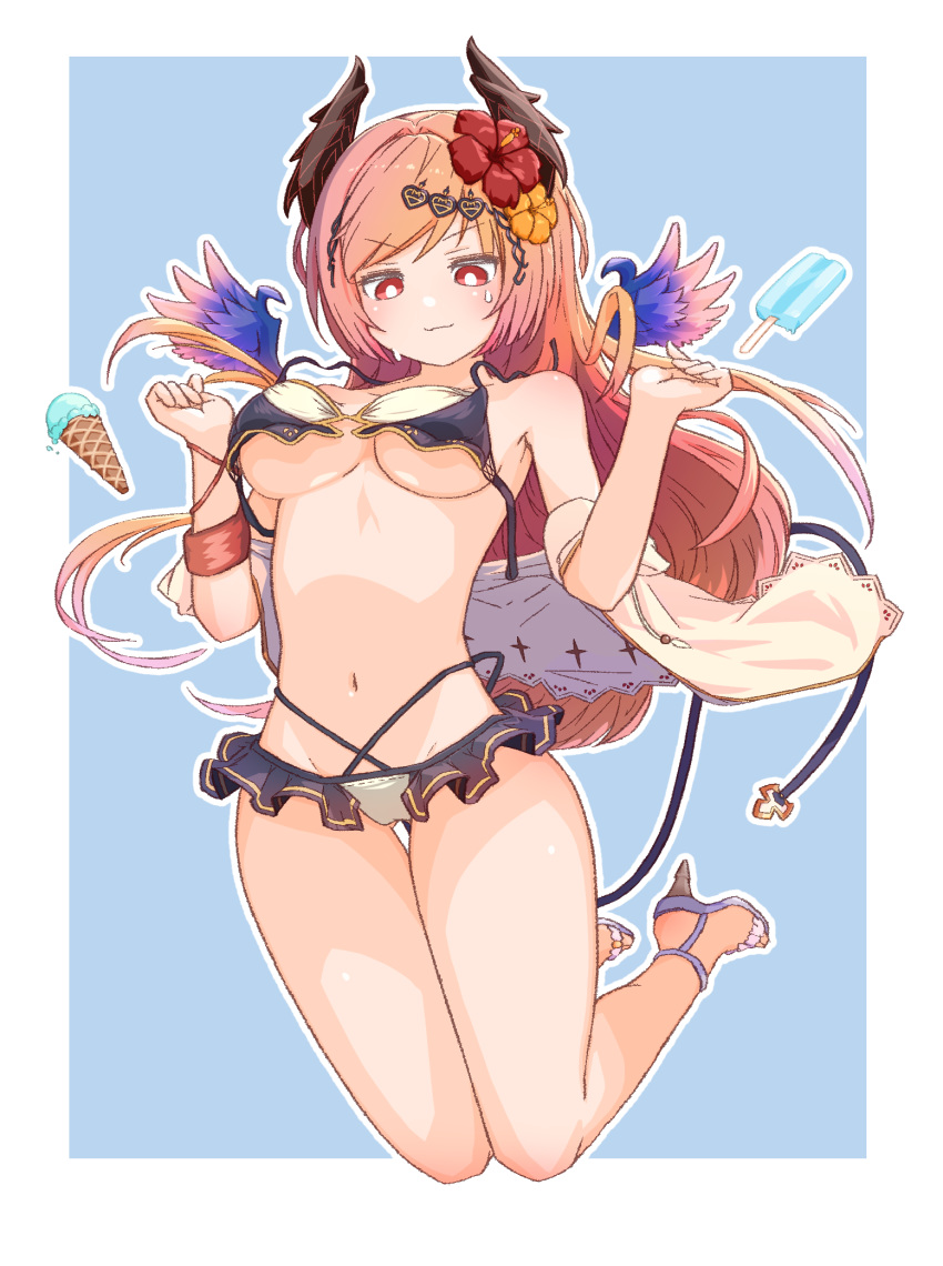 1girl :3 ankle_strap bare_arms bare_legs bare_shoulders bikini blue_background border breasts bright_pupils closed_mouth commentary_request drawstring full_body granblue_fantasy high_heels highres ice_cream_cone jitome legs long_hair lowleg lowleg_bikini mibushido_(milking) midriff multi-strapped_bikini navel no_nose off_shoulder outline outside_border sketch_eyebrows solo stomach strappy_heels swimsuit v-shaped_eyebrows w_arms wardrobe_malfunction white_border white_outline white_pupils
