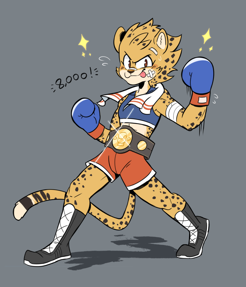 ! 2019 anthro ash_(yeahbeezii) athletic band-aid bandage beezii belt boots bottomwear boxing boxing_gloves bra brown_eyes brown_nose cheetah clothing eyebrows felid feline female footwear fur grey_background handwear hi_res looking_at_viewer mammal motion_lines number pink_tongue shorts simple_background smile solo sparkles sport sports_bra spots spotted_fur tongue tongue_out towel underwear