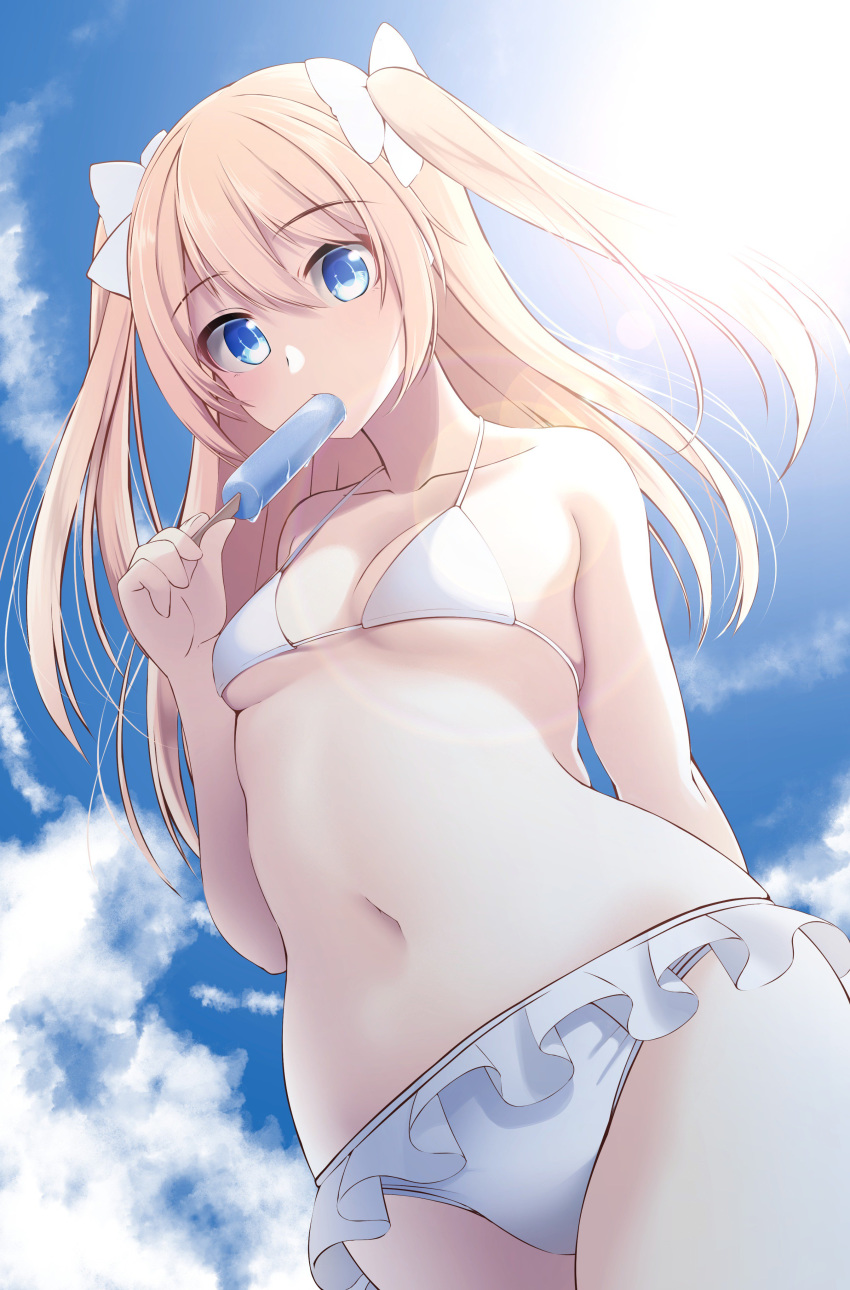 1girl absurdres arm_behind_back bangs bare_arms bare_shoulders bikini blonde_hair blue_eyes blue_sky bow breasts cloud cloudy_sky collarbone cowboy_shot day eating food frilled_bikini frills from_below hair_between_eyes hair_bow halterneck hand_up highres holding long_hair looking_at_viewer navel nekobaka original popsicle sidelocks sky small_breasts solo stomach sunlight swimsuit thighs two_side_up white_bikini white_bow