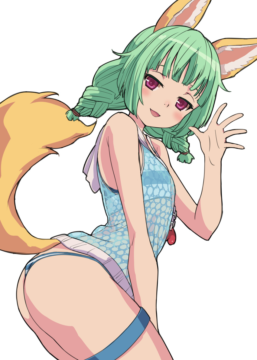 1girl absurdres animal_ear_fluff animal_ears ass bangs bare_arms bare_shoulders bikini_bottom blue_shirt chain character_request commentary_request eyebrows_behind_hair fox_ears fox_girl fox_tail green_hair hand_up heart highres hood hood_down leaning_forward long_hair looking_at_viewer looking_to_the_side low_twintails nyama purple_eyes shirt short_twintails simple_background sleeveless sleeveless_shirt solo striped striped_bikini_bottom tail tail_raised tera_online thigh_strap twintails white_background
