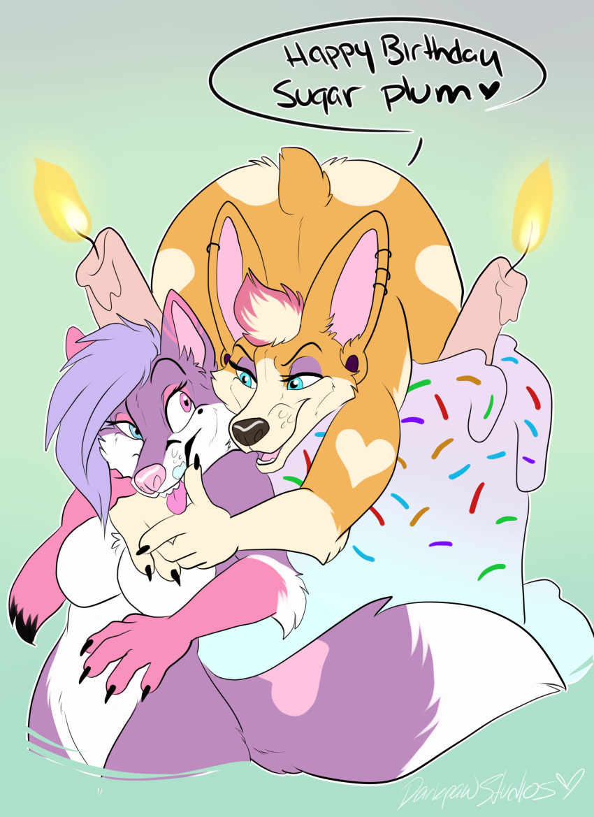 &lt;3 &lt;3_marking 2019 5_fingers absurd_res anthro birthday_cake blue_eyes breasts brown_nose cake candle canid canine canis cinnamon_(yoko_darkpaw) dialogue dipstick_tail domestic_dog duo ear_piercing english_text eyebrows eyelashes eyeshadow featureless_breasts female finger_claws fingers food fox fur hair half-closed_eyes herding_dog heterochromia hi_res makeup mammal multicolored_hair multicolored_tail pastoral_dog piercing pink_eyes pink_fur pink_hair pink_nose pink_tongue purple_fur purple_hair signature simple_background smile tan_fur text tongue tongue_out two_tone_hair welsh_corgi white_belly white_breasts white_hair yoko_(yoko_darkpaw) yoko_darkpaw