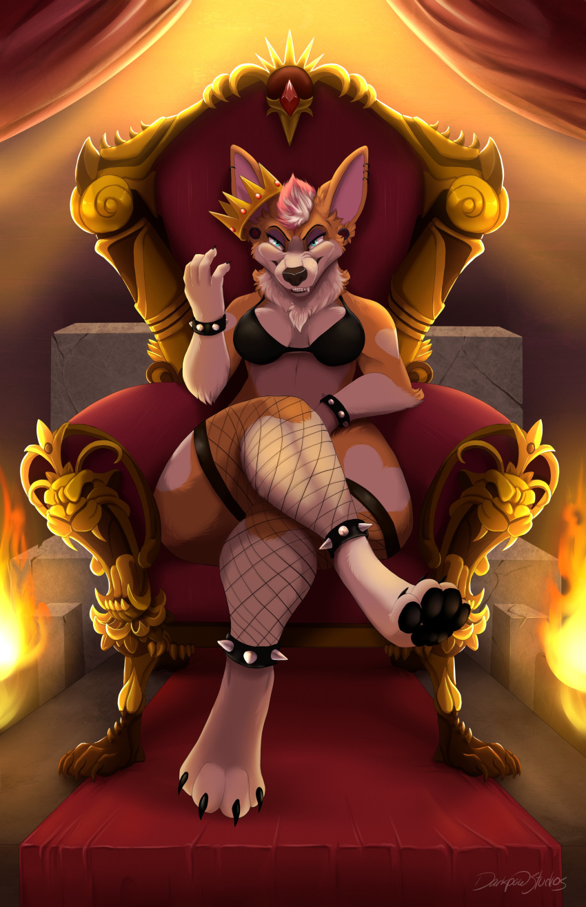 &lt;3 &lt;3_marking 2019 4_toes absurd_res anthro barefoot blue_eyes bra bracelet brown_nose canid canine canis chair cinnamon_(yoko_darkpaw) claws clothing crossed_legs crown detailed_background domestic_dog ear_piercing eyebrows eyelashes eyeshadow female finger_claws fishnet fur gloves_(marking) hair herding_dog hi_res jewelry leg_markings looking_at_viewer makeup mammal markings multicolored_fur neck_tuft pastoral_dog pawpads paws piercing signature sitting snout socks_(marking) solo spiked_anklet spiked_bracelet spikes teeth throne throne_room toe_claws toes tuft two_tone_fur underwear welsh_corgi wide_hips yoko_darkpaw