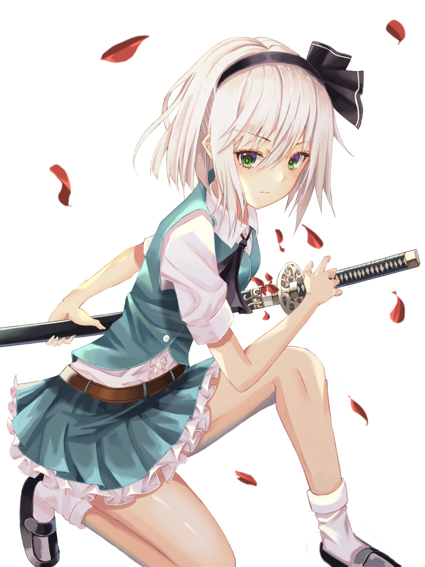 1girl absurdres arm_behind_back belt black_footwear black_neckwear cravat cup6542 expressionless eyebrows_visible_through_hair green_eyes green_skirt green_vest hair_between_eyes hair_ribbon highres holding holding_sword holding_weapon katana kneeling konpaku_youmu looking_at_viewer one_knee petals petticoat ribbon scabbard sheath shirt short_hair short_sleeves silver_hair simple_background skirt skirt_set solo sword touhou vest weapon white_background white_legwear white_shirt