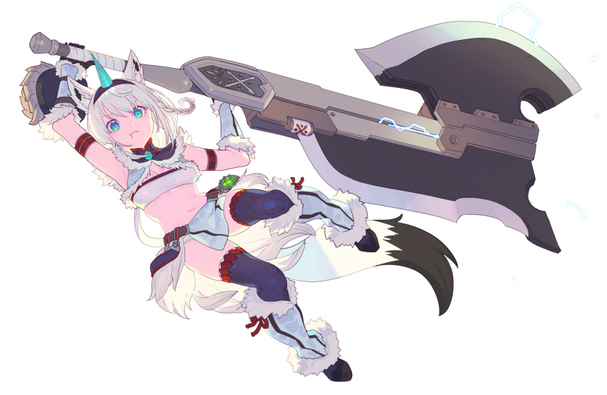1girl animal_ear_fluff animal_ears arms_up axe bangs black_gloves black_hairband black_legwear boots breasts character_request cleavage commentary_request electricity eyebrows_behind_hair fake_horns full_body fur-trimmed_boots fur-trimmed_gloves fur_trim gloves green_eyes hairband highres holding holding_axe holding_weapon horn kirin_(armor) knee_boots long_hair monster_hunter nagisa_kurousagi navel simple_background small_breasts solo tail thighhighs very_long_hair virtual_youtuber weapon white_background white_footwear white_hair