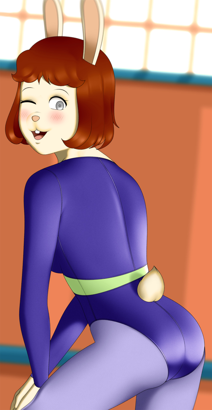 2019 anthro arthur_(series) bangs biped blind blush bob_cut breasts brown_hair buffbumblebee butt clothed clothing digital_drawing_(artwork) digital_media_(artwork) eyebrows eyelashes female fingers fur gymnast gymnastics hair hi_res lagomorph legwear leotard leporid long_sleeves looking_at_viewer mammal marina_datillo open_mouth rabbit short_hair smile solo standing tight_clothing tongue white_fur