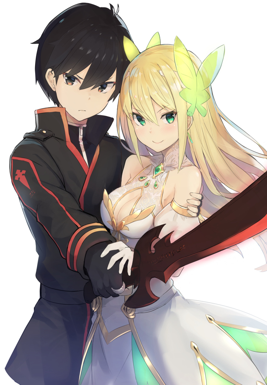 1boy 1girl arm_around_shoulder bangs bare_shoulders black_eyes black_gloves black_hair blonde_hair blush breasts cleavage cleavage_cutout cover cover_image cover_page detached_sleeves dress eyebrows_visible_through_hair gloves green_eyes halterneck highres holding holding_sword holding_weapon isegawa_yasutaka medium_breasts novel_cover novel_illustration short_hair single_glove smile sword weapon white_background white_dress white_gloves world_end_chronicle