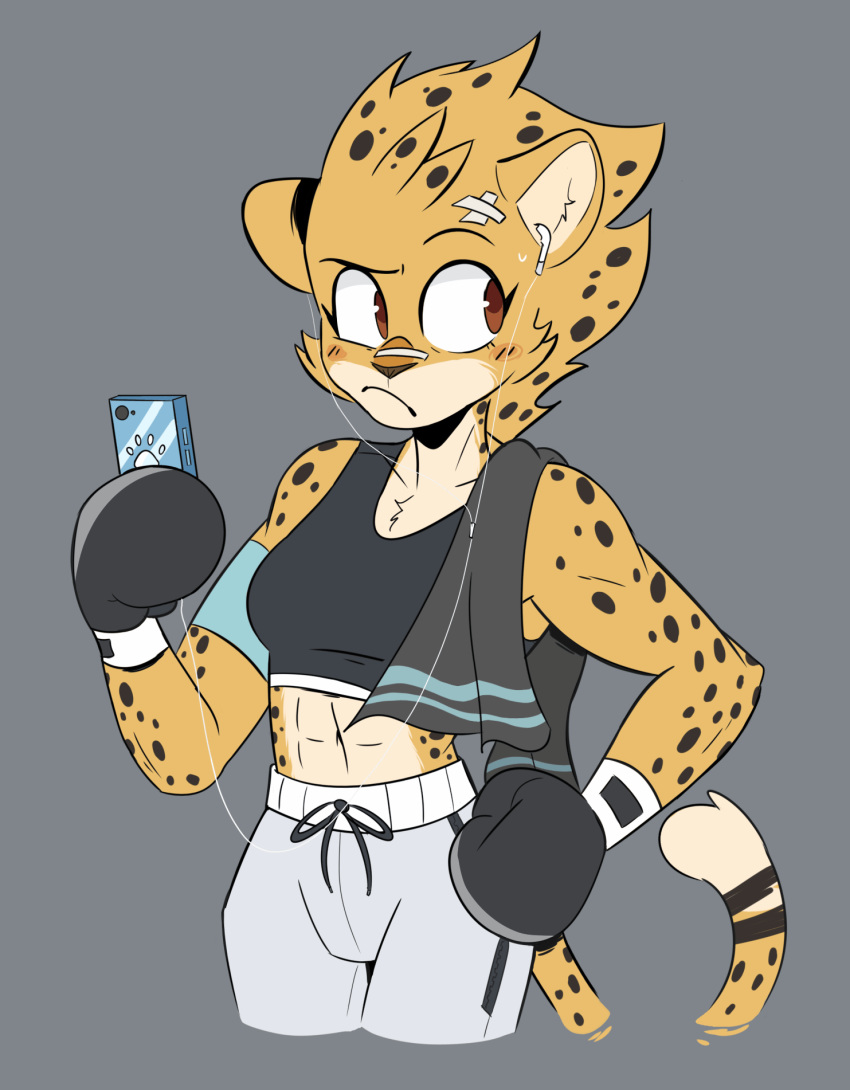 2019 abs anthro ash_(yeahbeezii) athletic band-aid bandage beezii boxing boxing_gloves brown_eyes brown_nose cheetah clothing earbuds eyebrows felid feline female fur grey_background handwear headphones hi_res mammal midriff phone raised_eyebrow simple_background solo sport spots spotted_fur sweatpants towel