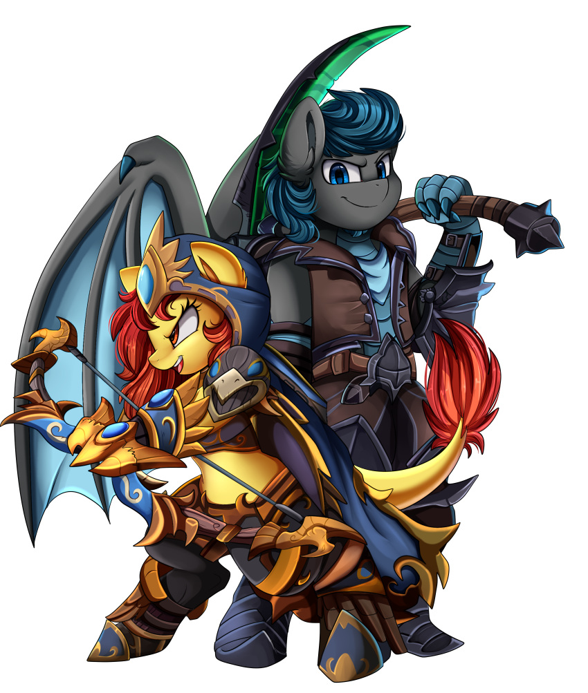 2019 absurd_res armor biped dragon equid equine fan_character female hi_res horse hybrid male mammal my_little_pony open_mouth pony pridark smile weapon