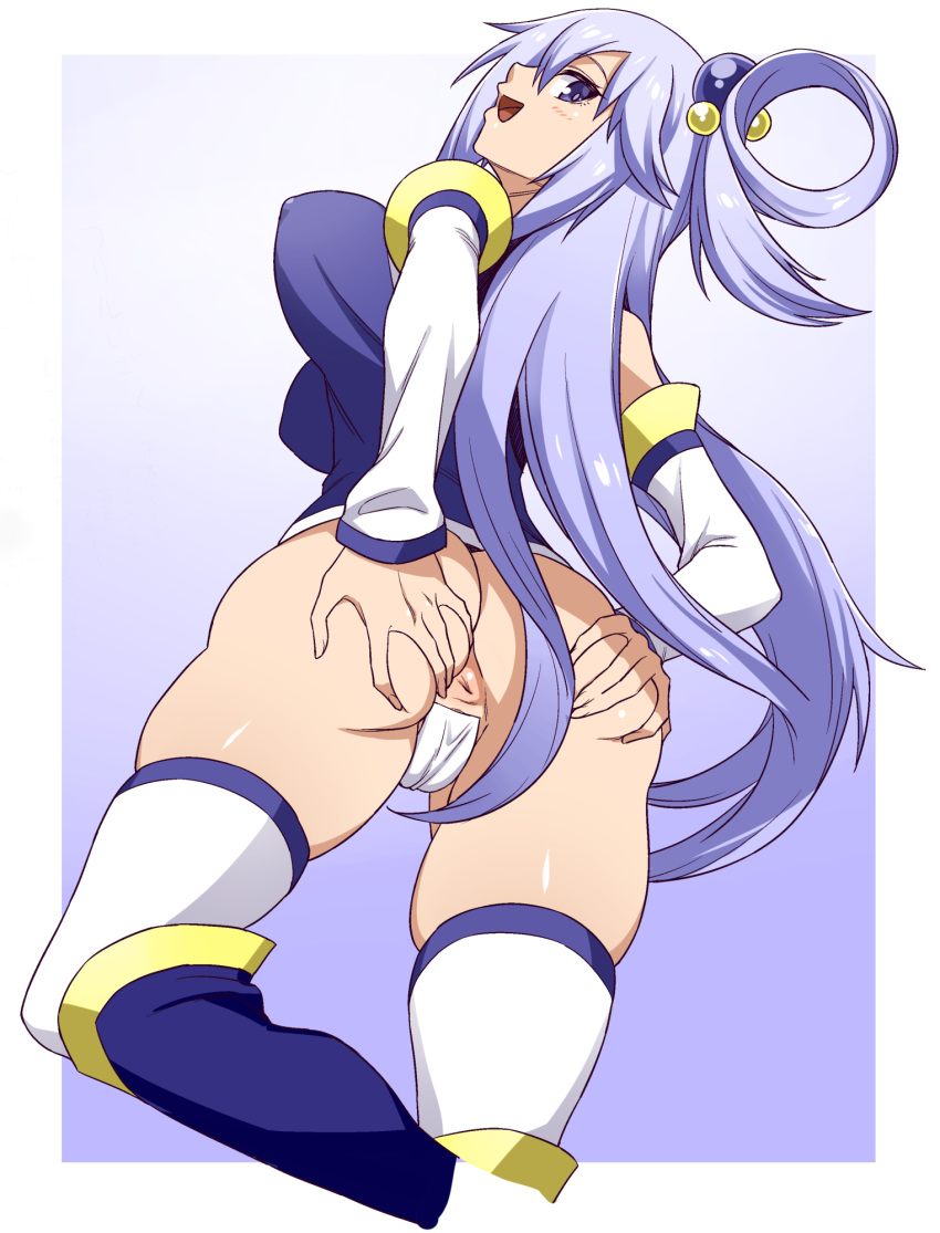 1girl :d anus aqua_(konosuba) ass ass_grab bare_shoulders blue_eyes blue_hair blush boots bottomless breasts covered_nipples detached_sleeves hair_ornament highres kono_subarashii_sekai_ni_shukufuku_wo! long_hair looking_at_viewer maebari open_mouth smile solo tesu thighhighs very_long_hair white_legwear